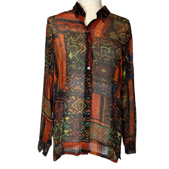 Chico’s Silk Chiffon Orange & Brown Print Button-Up Blouse - Size 2 (US Large) - Picture 1 of 8